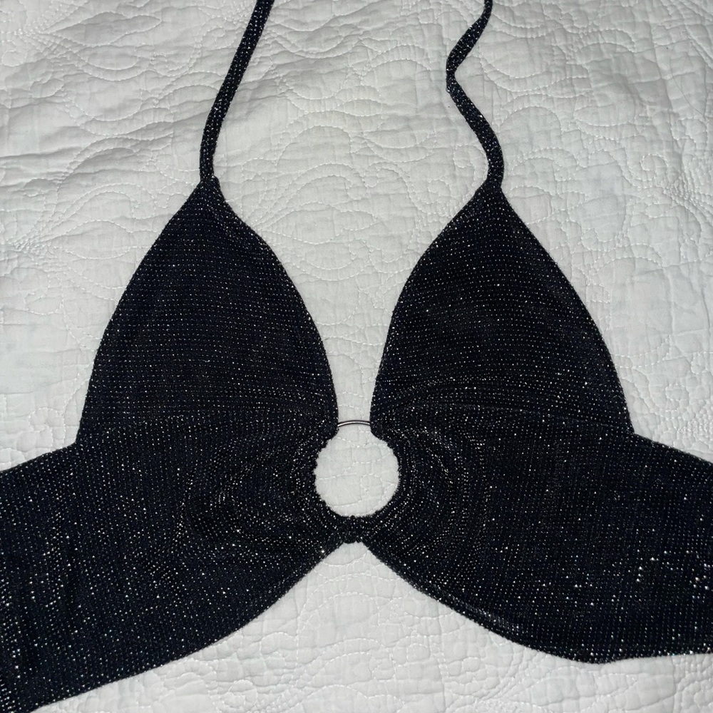 Black Textured Glitter Plunge Ring Detail Bralet
